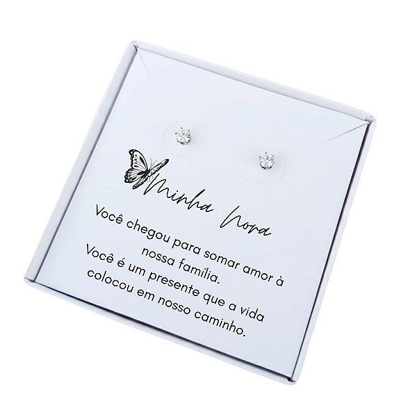Brinco ponto de luz aço - Caixa presente com frase Nora
