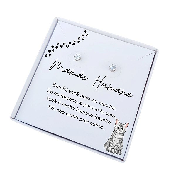 Brinco ponto de luz de aço + Caixa Presente Mãe de Gato cinza