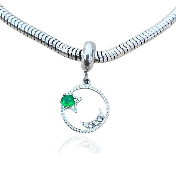 Berloque de lua com zirconia verde de aço