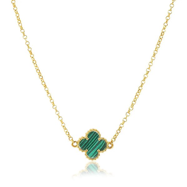 Colar de um trevo verde de aço com banho ouro