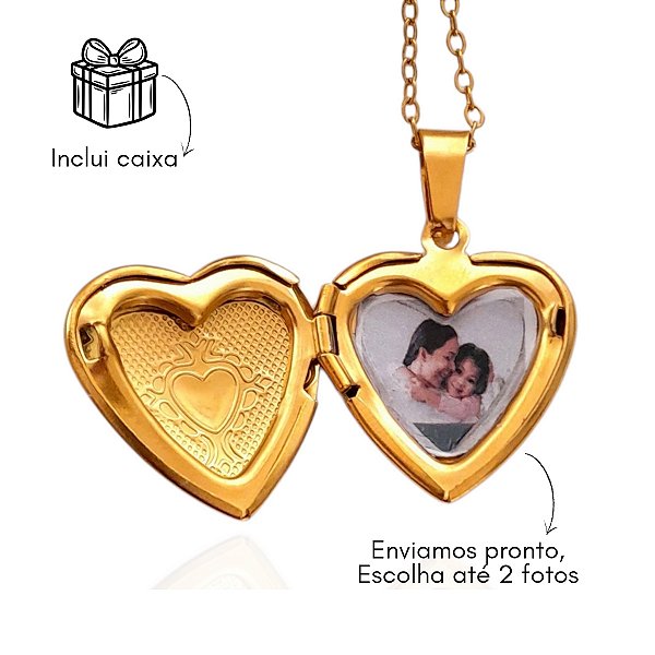 Colar relicário com foto coração de aço com banho ouro