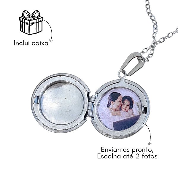 Colar relicário com foto redondo de aço inox