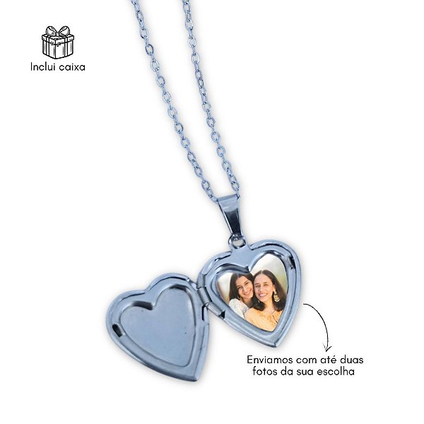 Colar relicário com foto coração liso aço