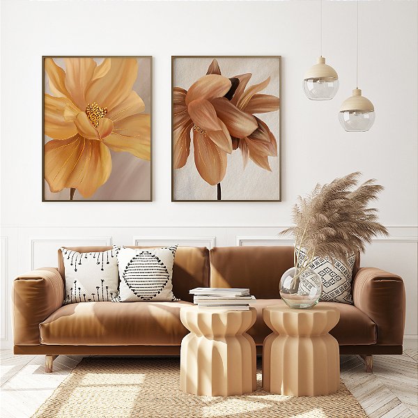 Par de quadros Floral amarelo e marrom