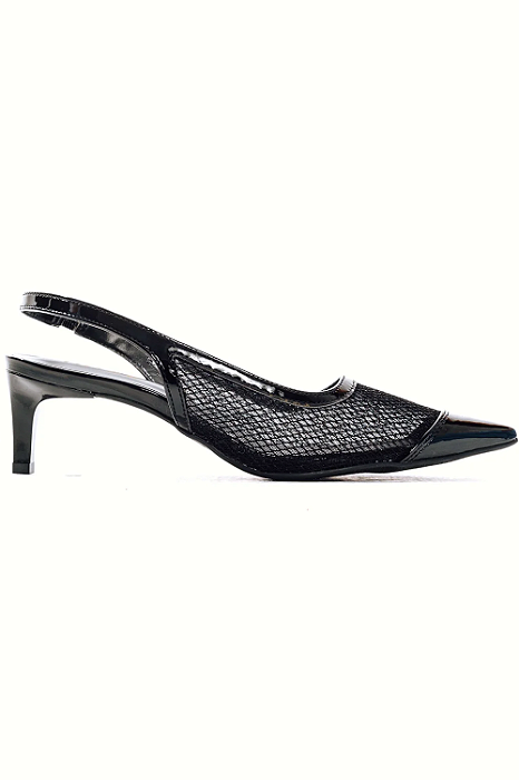 LOLA - SCARPIN FEMININA BICO FINO SALTO KITTEN HEELS TELA SLINGBACK PRETO