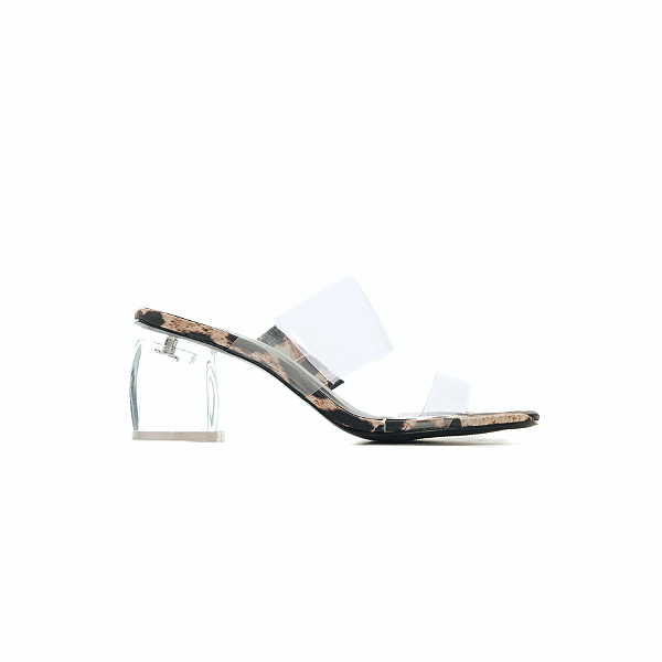 KIM - TAMANCO FEMININO SALTO TRANSPARENTE TIRAS DE VINIL ANIMAL PRINT