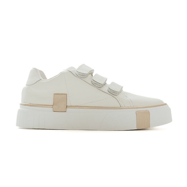 KIRA- TÊNIS FEMININO VELCRO COURO BRANCO E DOURADO
