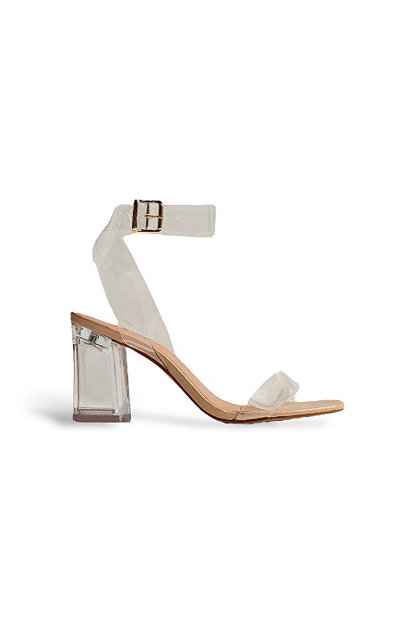 KENYA - SANDÁLIA FEMININA SALTO ALTO TRANSPARENTE TIRAS VINIL BEGE