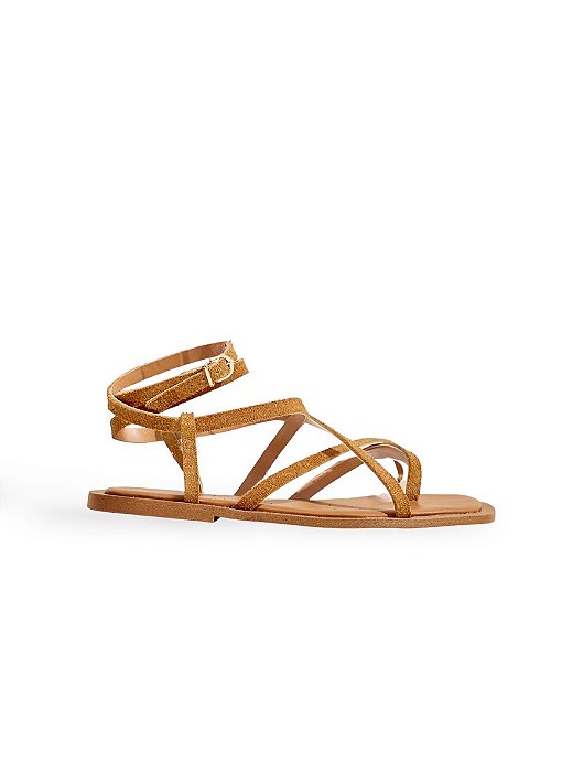 ZOE - SANDÁLIA RASTEIRA FEMININA TIRAS COURO CAMURÇA CAMEL