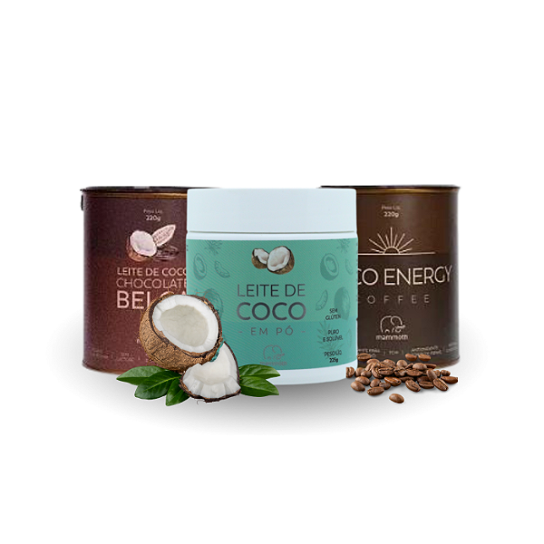 COMBO DEGUSTAÇÃO: 1 Leite de Coco 225g + 1 Leite de Coco com Chocolate Belga 220g + 1 Coco Energy Coffee 220g