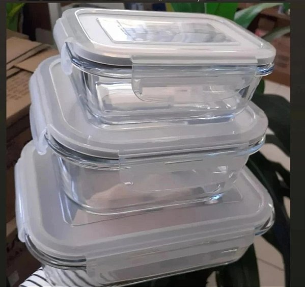 Conjunto de 3 potes para mantimentos e vidro temperado de 400,630 e 1000ml, fechamento hermético
