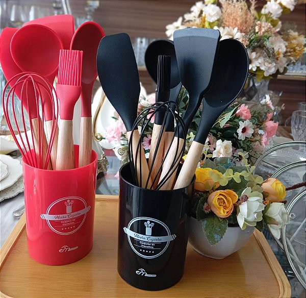 Jogo de utensílios com 7 peças,  medeira com silicone