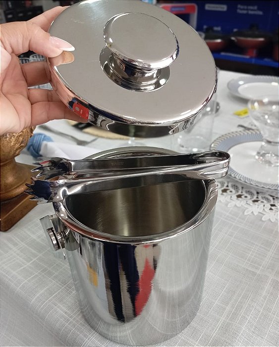 Balde para gelo térmico, inox de 1.5 litros com alça e pegador