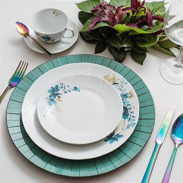 Aparelho de Jantar Chá Schmidt Porcelana Acqua Blue 20 Peças