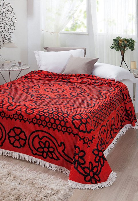 Colcha Casal Chenile Jolitex 220x240 cm Bruna Vermelho Preto