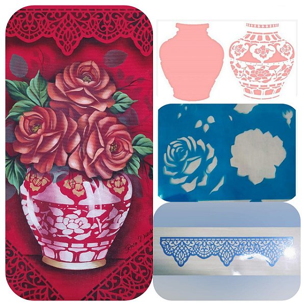 KIT STENCILS PANO VERMELHO - VASO COM ROSAS