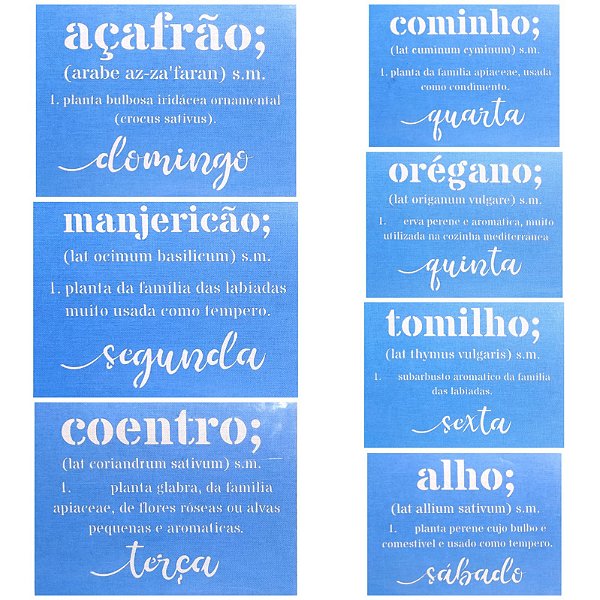 SRA-1047 KIT 7 STENCILS SEMANINHA MINIMALISTA COM TEMA TEMPEROS - 27X20 CADA STENCIL
