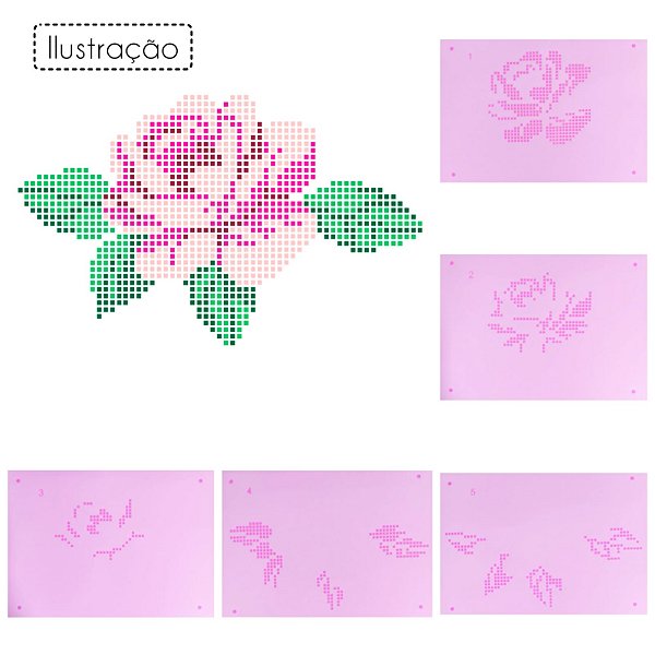 SRA-1080 FALSO BORDADO PONTO CRUZ ROSA E FOLHAS COM SOBREPOSIÇÃO - KIT COM 5 STENCILS - 23X16 CADA