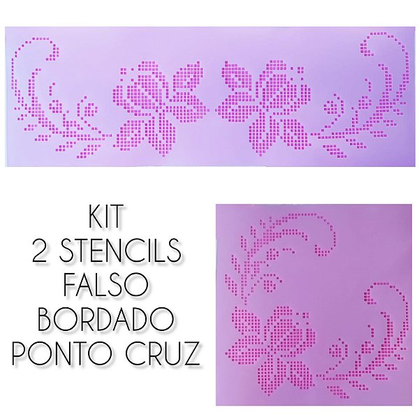SRA-1104 KIT 2 STENCILS FALSO BORDADO PONTO CRUZ ORQUÍDEAS PARA CAMINHO DE MESA - 25X14