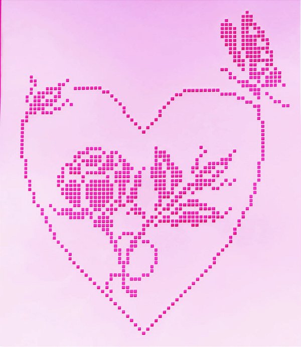 SRA-1242 - FALSO BORDADO PONTO CRUZ CORACAO COM ROSA E BORBOLETA