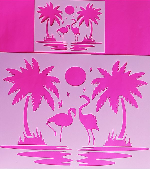 SRA-1384 - STENCIL PARA TAPETES E TOALHAS  - PAISAGEM FLAMINGOS