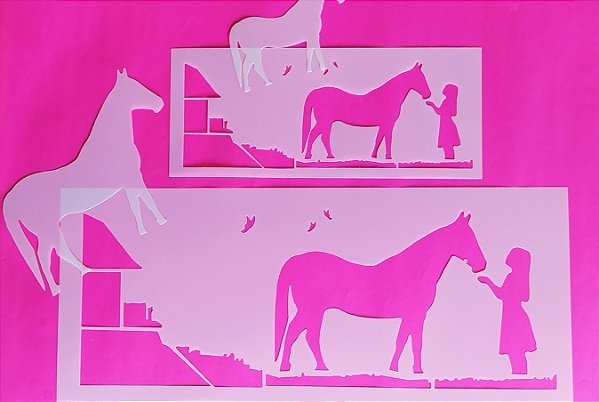 SRA-1383 - STENCIL PARA TAPETES E TOALHAS - PAISAGEM CAVALO E MENINA