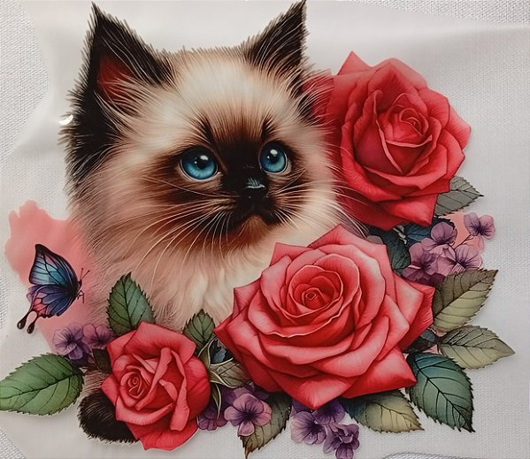ADR-087 - GATO COM ROSAS  - ADESIVO DTF