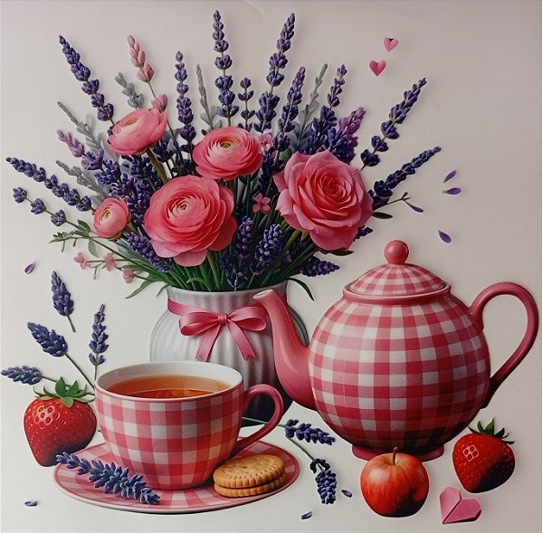 ADR-249 - BULE E XICARA XADREZ COM ROSA E LAVANDAS ESPECIAL - ADESIVOS DTF