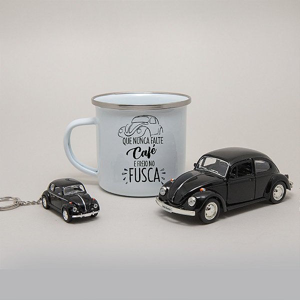 Kit Caneca Esmaltada Branca - Chaveiro e Miniatura de Fusca - Que nunca falte café