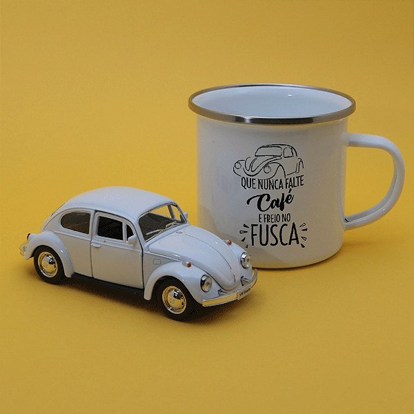Kit Miniatura Fusca e Caneca Esmaltada Que nunca falte café - Branco