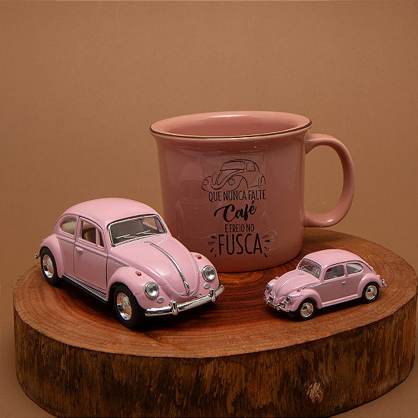 Kit Xícara, Chaveiro e Miniatura de Fusca - Que nunca falte café Rosa