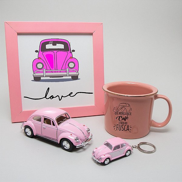 Kit Caneca Esmaltada Rosa - Chaveiro, quadro e Miniatura de Fusca - Que nunca falte café