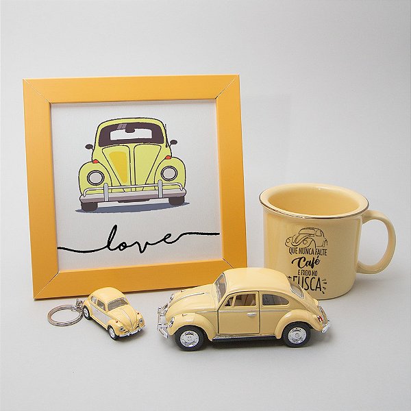 Kit Caneca Amarela - Chaveiro, quadro e Miniatura de Fusca - Que nunca falte café
