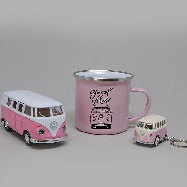 Kit Miniatura Kombi, chaveiro e Caneca Esmaltada Good Vibes Rosa