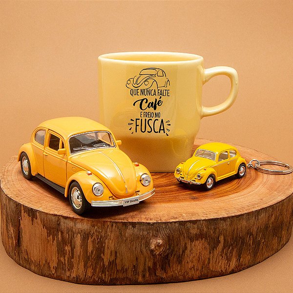 Kit Xícara, Chaveiro e Miniatura de Fusca - Que nunca falte café