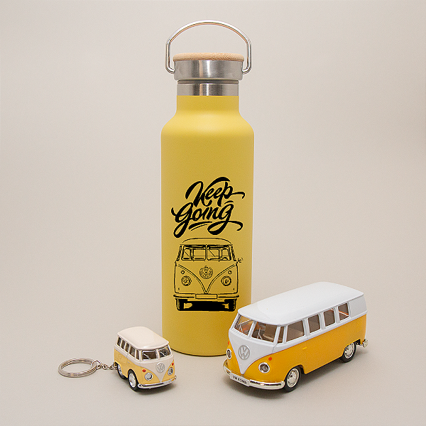Kit Garrafa Térmica Inox amarela - miniatura e chaveiro Kombi