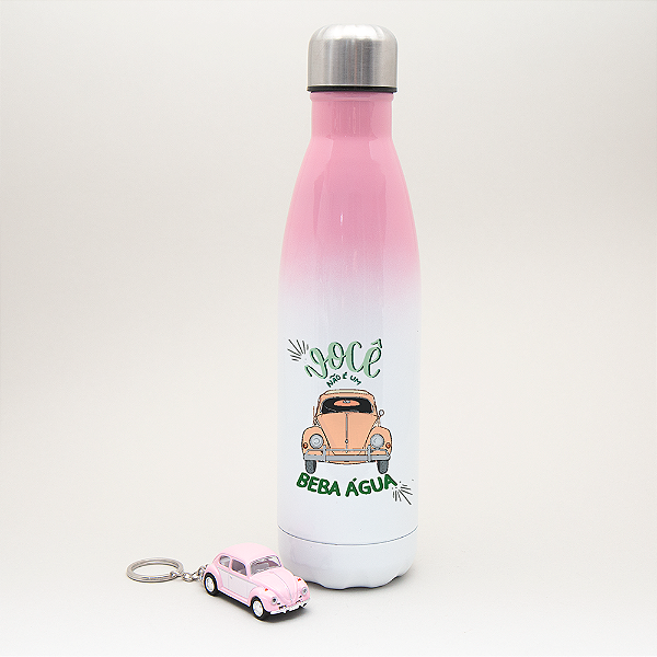 kit garrafa térmica de inox e chaveiro fusca rosa