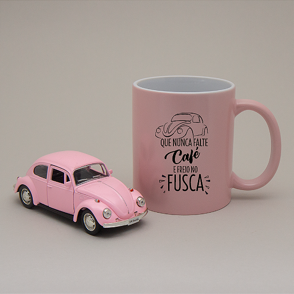 Kit Caneca e Miniatura Fusca Rosa fosco
