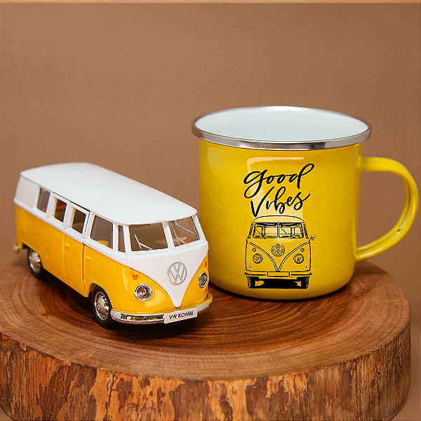 Kit Miniatura Kombi e Caneca Good Vibes Amarela