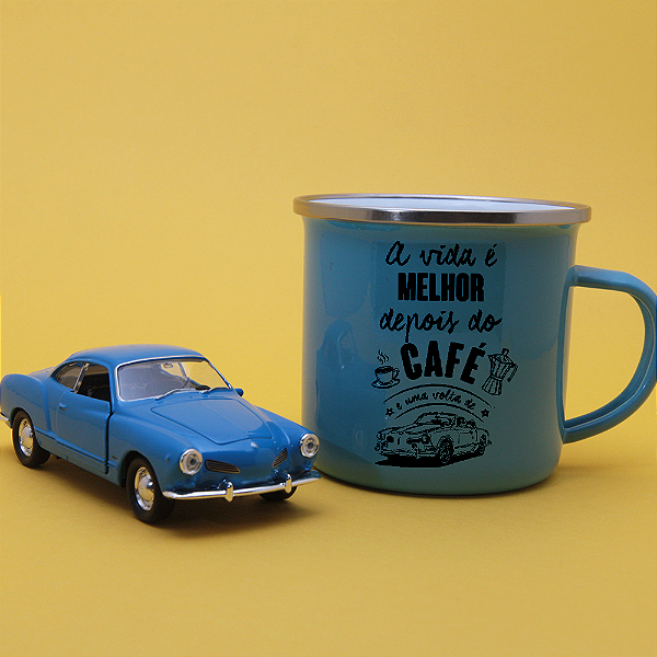Kit Miniatura Karmann Ghia e Caneca Esmaltada azul
