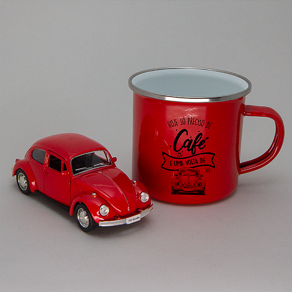 Kit Caneca Esmaltada e Miniatura Fusca Vermelho