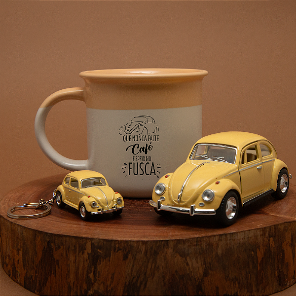 Kit Caneca de Café - Chaveiro e Miniatura de Fusca Branco - Que nunca falte café