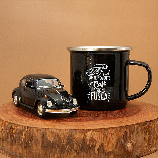 Kit Miniatura Fusca preto e Caneca Esmaltada Que nunca falte café
