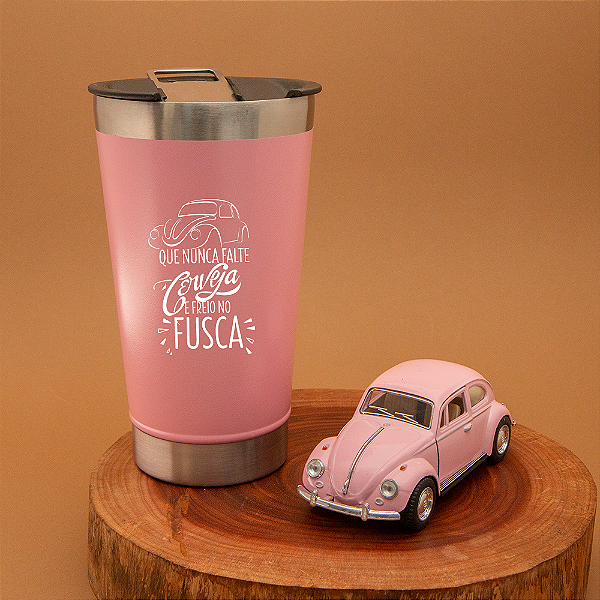 Kit Copo Térmico e Miniatura Fusca Rosa