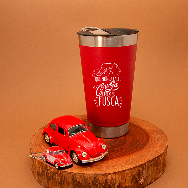 Kit Copo Térmico, chaveiro e Miniatura Fusca Vermelho