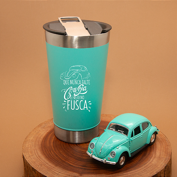 Kit Copo Térmico e miniatura Fusca Nunca Falte Cerveja e freio no fusca