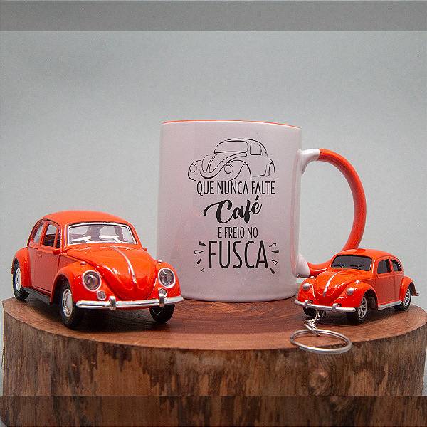 Kit Caneca, Miniatura e Chaveiro Fusca Laranja