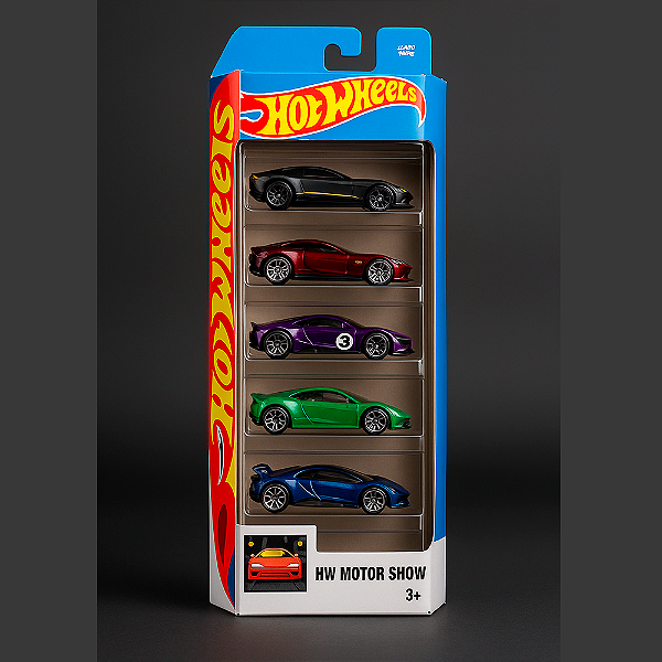 Hot Wheels Motor Show – Pack 5 Carros (Ferrari SF90, Aston Martin Vulcan, Ford GT ’17, Huracán e Evija)