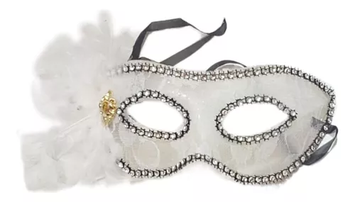 Máscara Veneziana Branco Renda Penas Festas