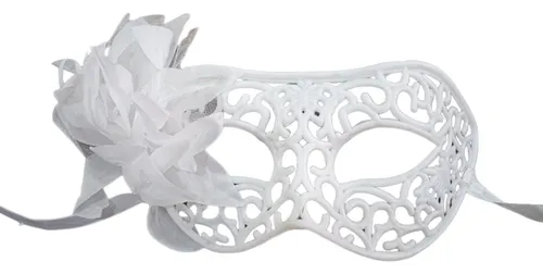 Máscara Veneziana Branca Vazada Flor Penas Fantasia Festas